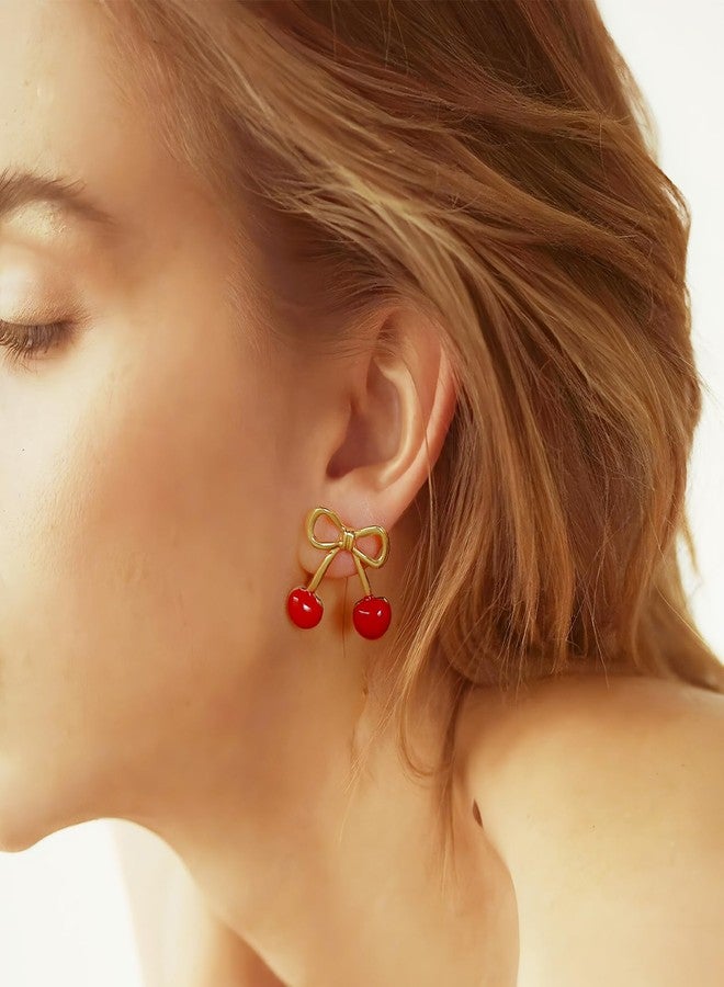 HolidayQbee Gold Cherry Stud Earrings for Women 14K Gold Plated Cute Red Cherry Bow Flat Back Earrings Studs Hypoallergenic Handmade Statement Fruit Earrings Jewelry Gifts - Image 2